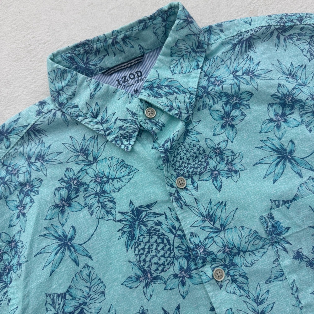 IZOD Saltwater Shirt Mens Medium Turquoise Blue Pineapple Floral Tropical Cotton
